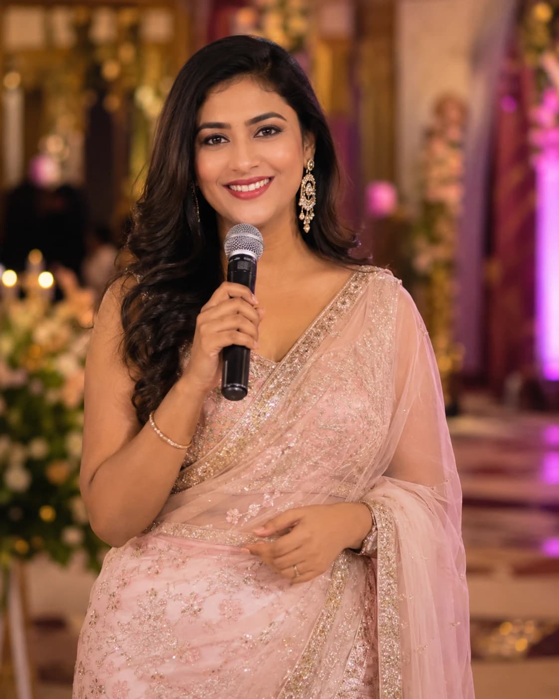 A wedding anchor in an embroidered pink saree smiling and holding a microphone at a decorated celebration.