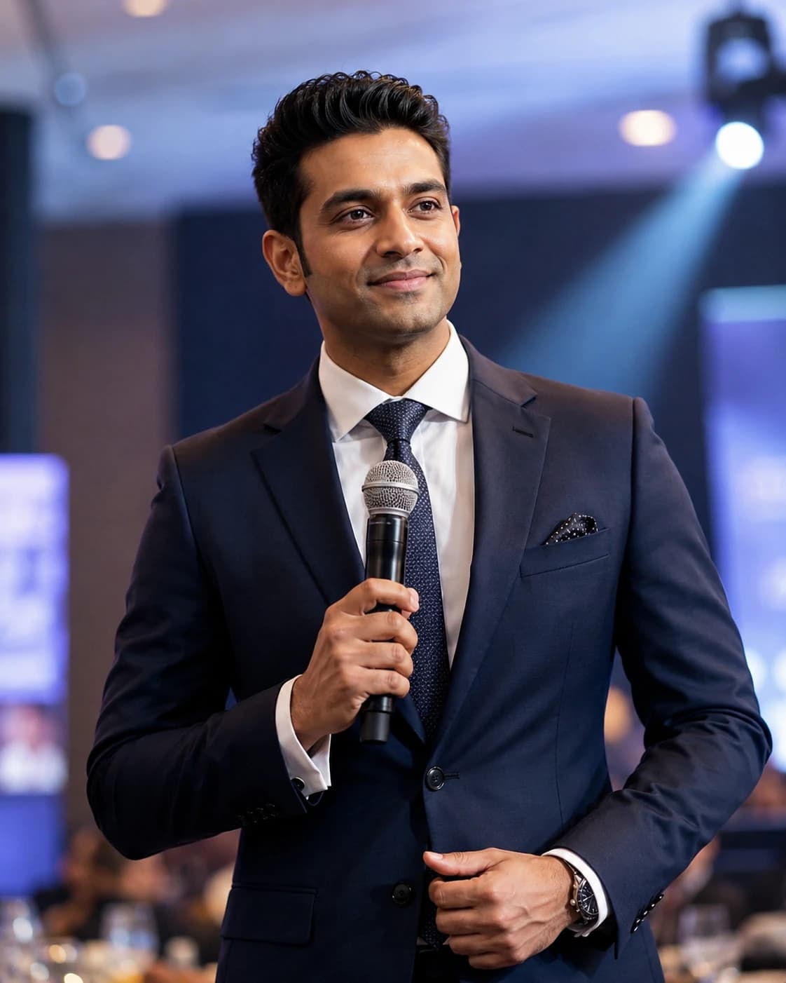 A corporate emcee in a navy suit holding a microphone on a spotlit conference stage.