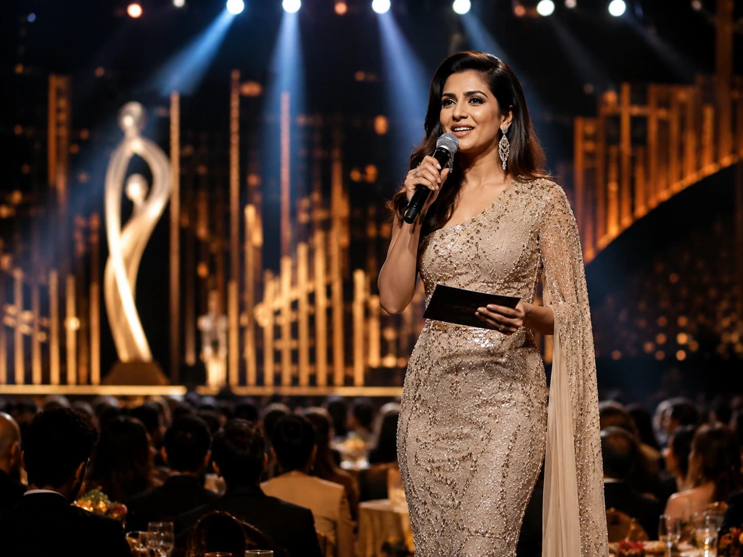 An anchor in an embellished gown hosting an awards ceremony on a golden stage.