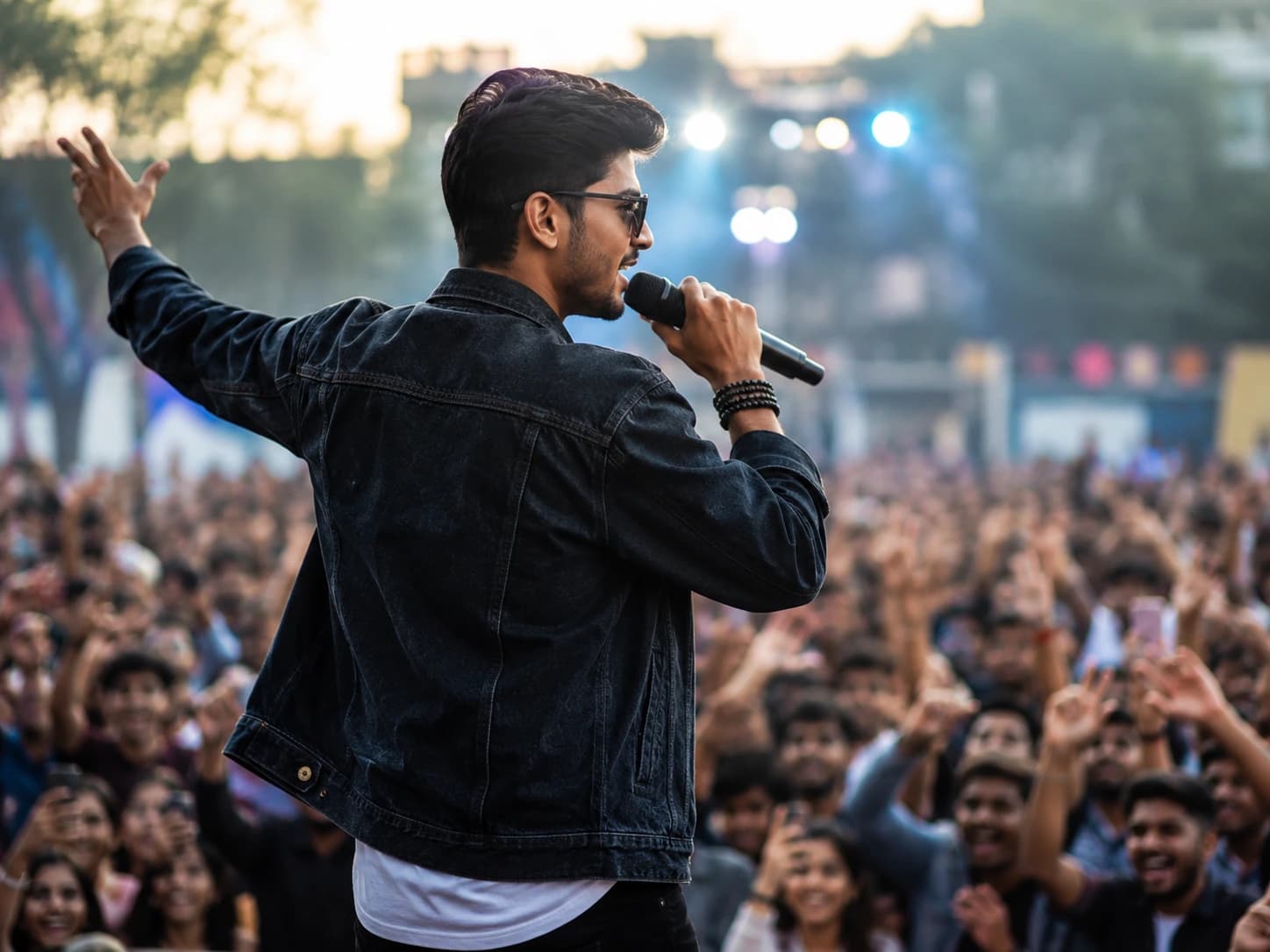 An energetic host performing with a microphone to a large crowd at an outdoor college festival.