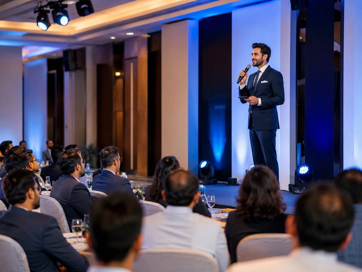 An emcee in a suit presenting on a lit stage to a seated audience at a corporate event.