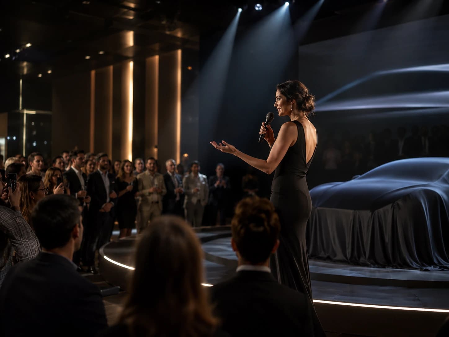 A host on stage beside a covered vehicle addressing a crowd at a product launch.