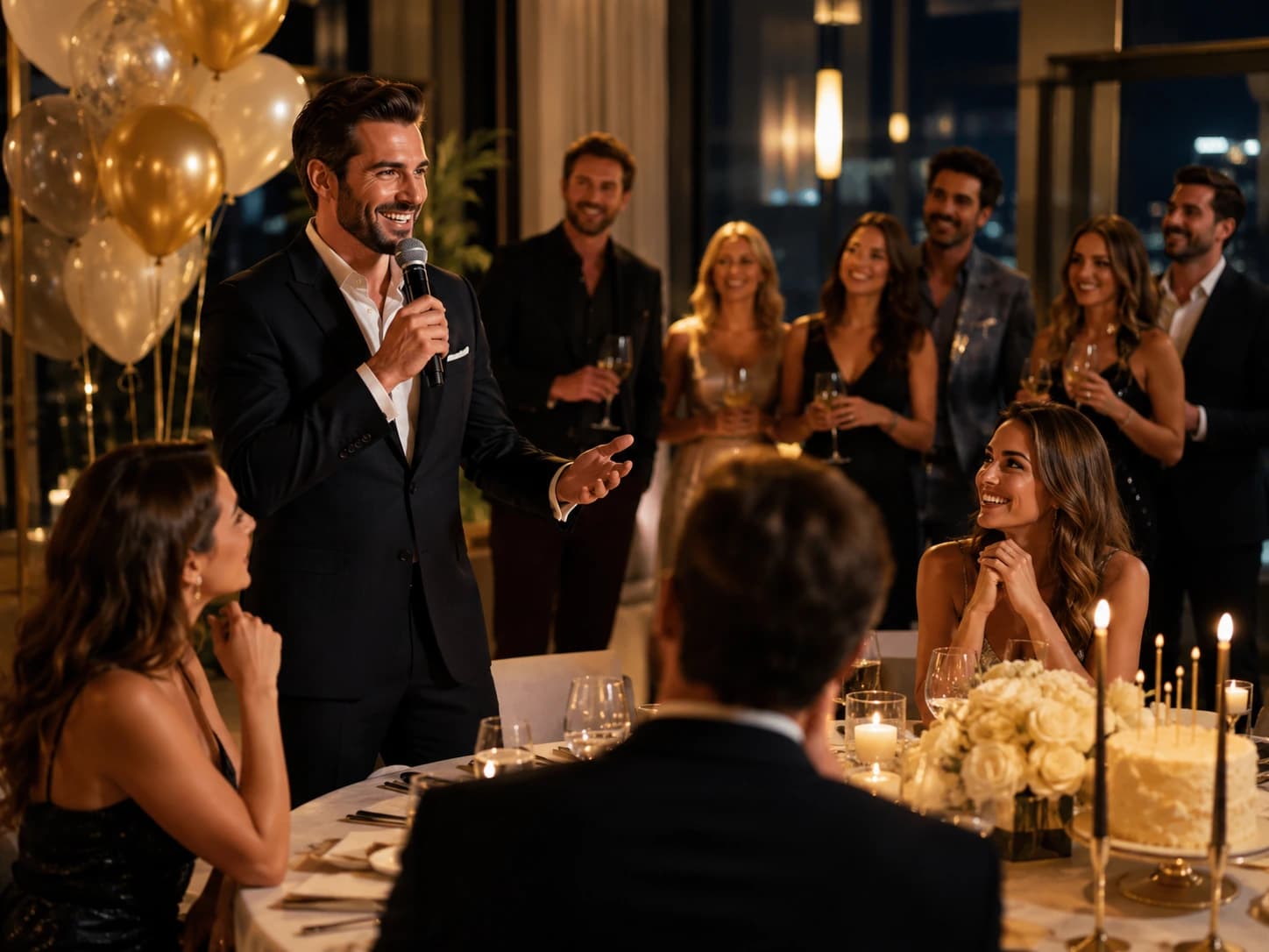 A host raising a toast with a microphone at an intimate private celebration with guests and a cake.