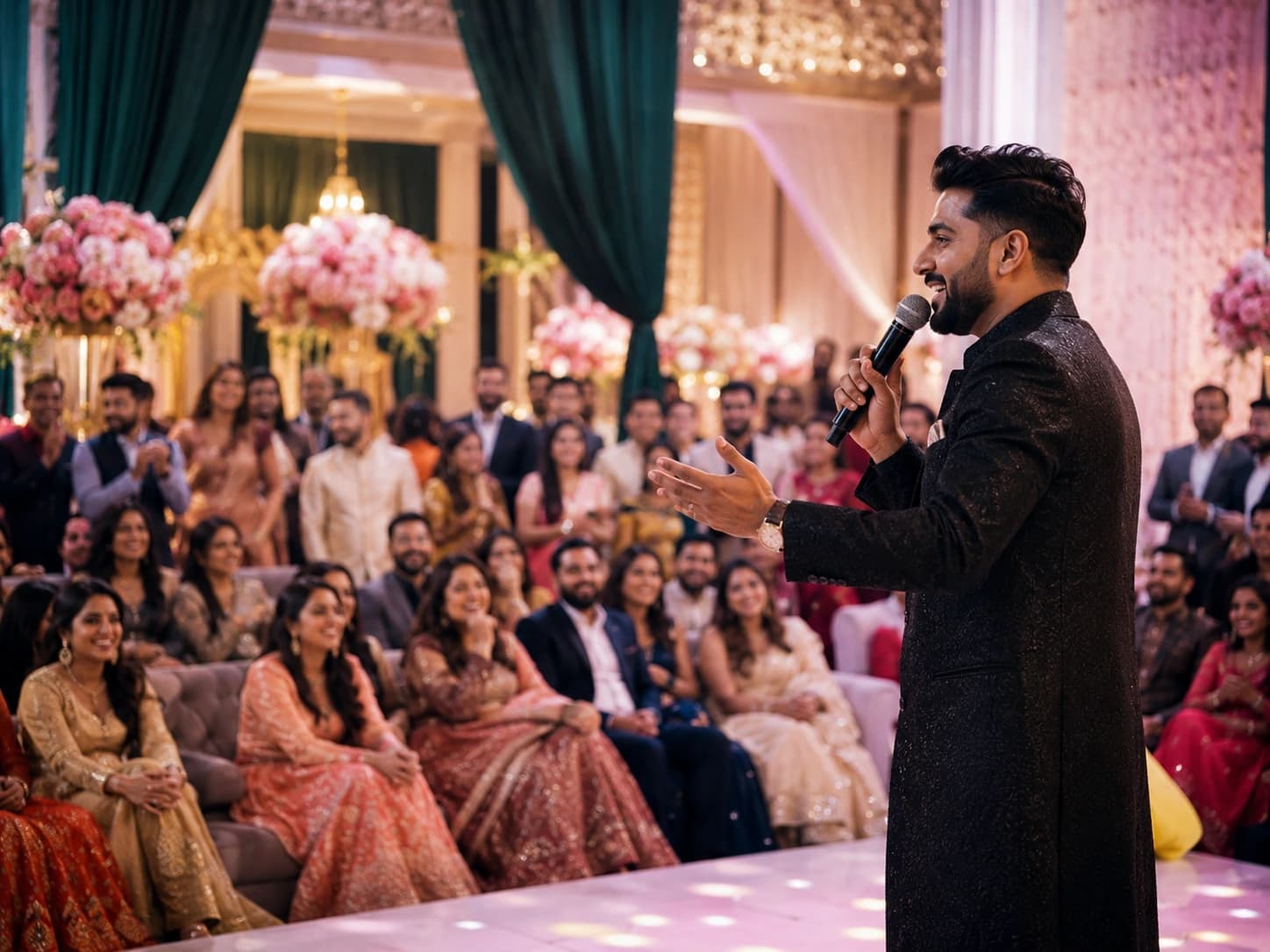 An anchor with a microphone hosting a wedding reception in front of seated guests amid floral decor.
