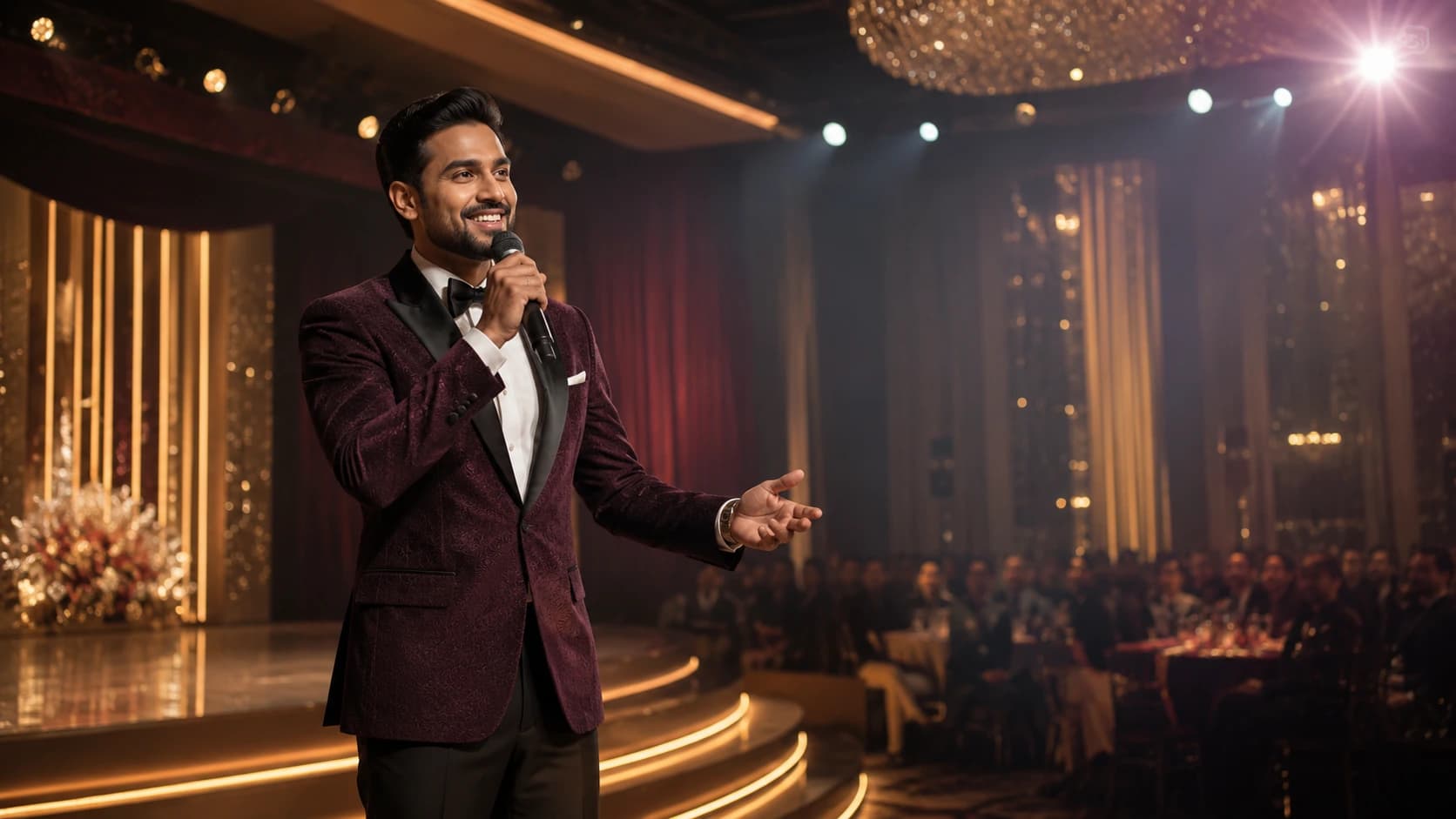 A professionally dressed event anchor holding a microphone and addressing a seated audience at an elegant, softly lit celebration.